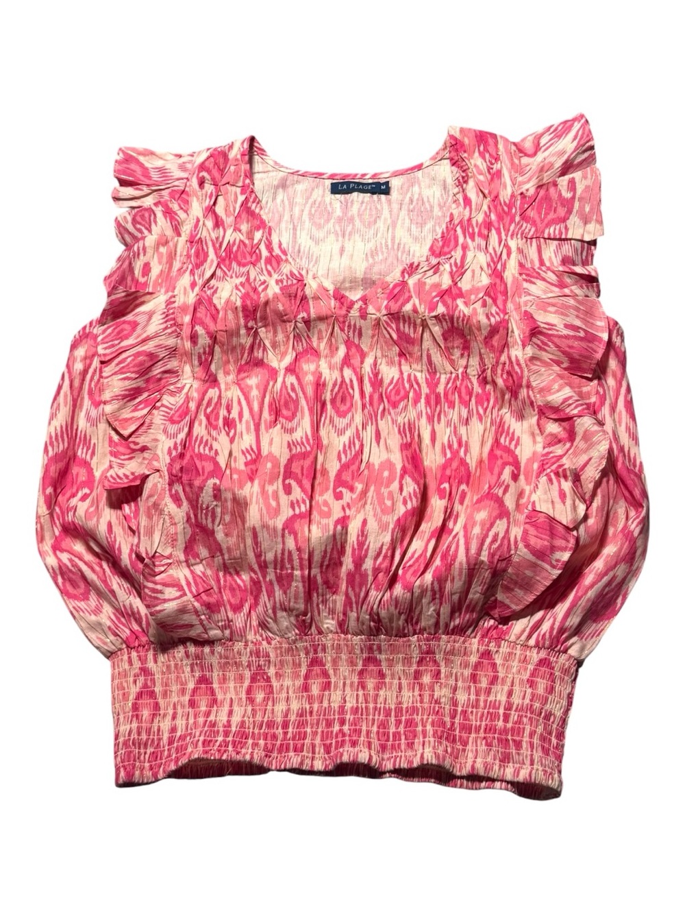 La Plage Pink Patterned Ruffle Sleeveless Blouse Medium Ikat Smocked Waist boho